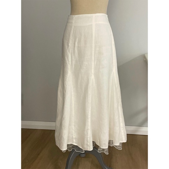 Melanie Lyne Linen Midi Skirt Womens Large White Flared Tulle Trim A017-6189 ML - Picture 2 of 8